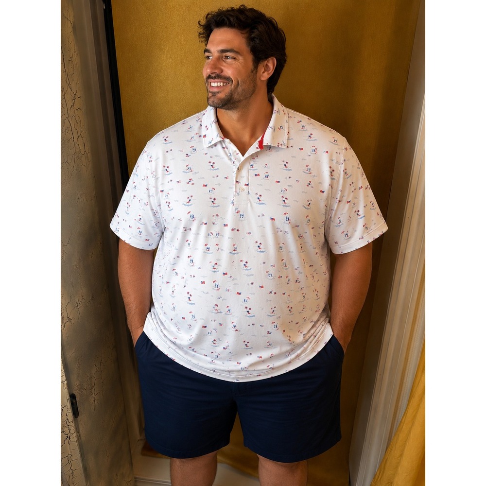 Reebok Speedwick Mens 2XL White Patriotic American Flag July 4th Polo Shirt